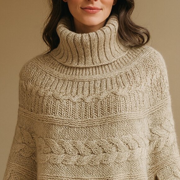 NWOT Luxury Italy Cocogio Taupe Cable Knit Cowl Neck Pullover Poncho Sweater - Picture 9 of 9